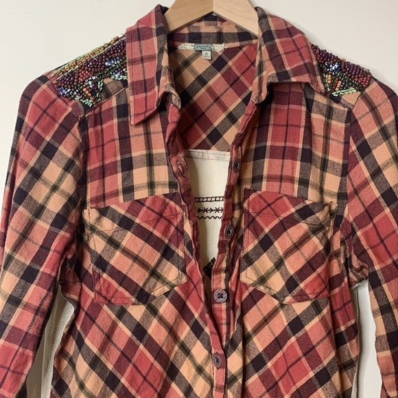 Gimmicks by BKE | Plaid Beaded Embroidered Mesh Long Sleeve Button Down Shirt S - Picture 9 of 17